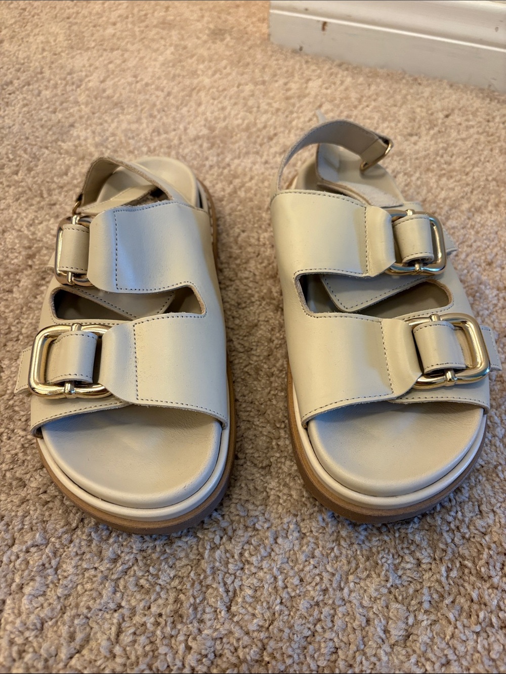 Alohas-Chunky Buckle Leather Sandals in Cream